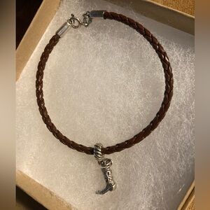 Leather and sterling silver bracelet with cowboy boot charm